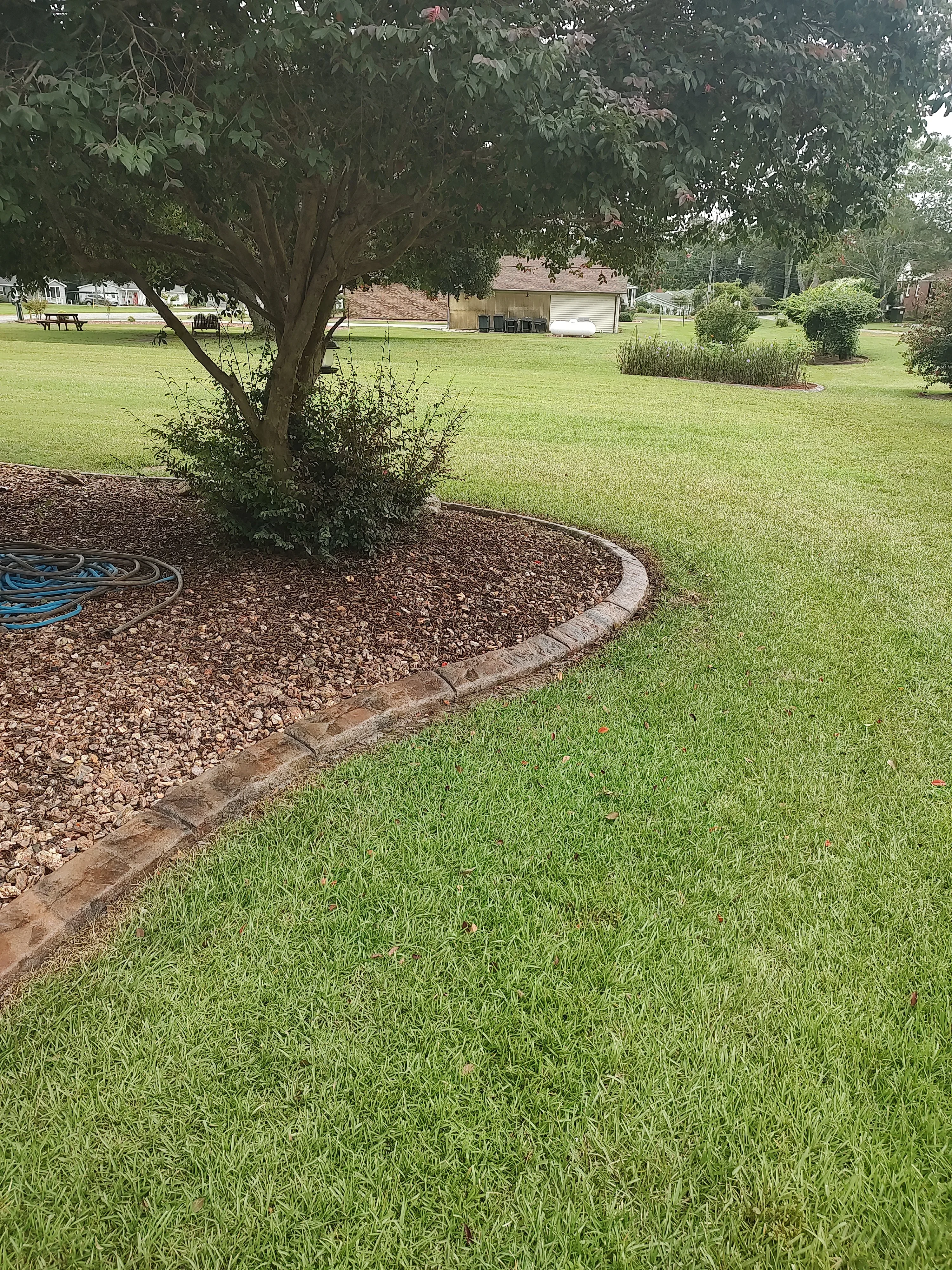 Curved concrete curbing bordering a garden bed filled with decorative rocks and lawn