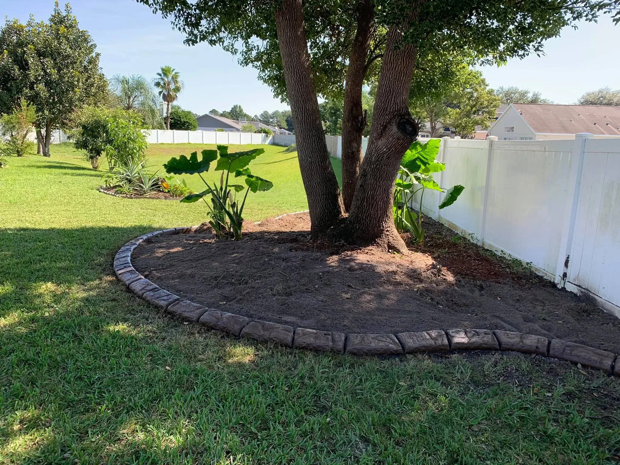 Custom concrete curbing installed along a tropical plant bed beside a white fence