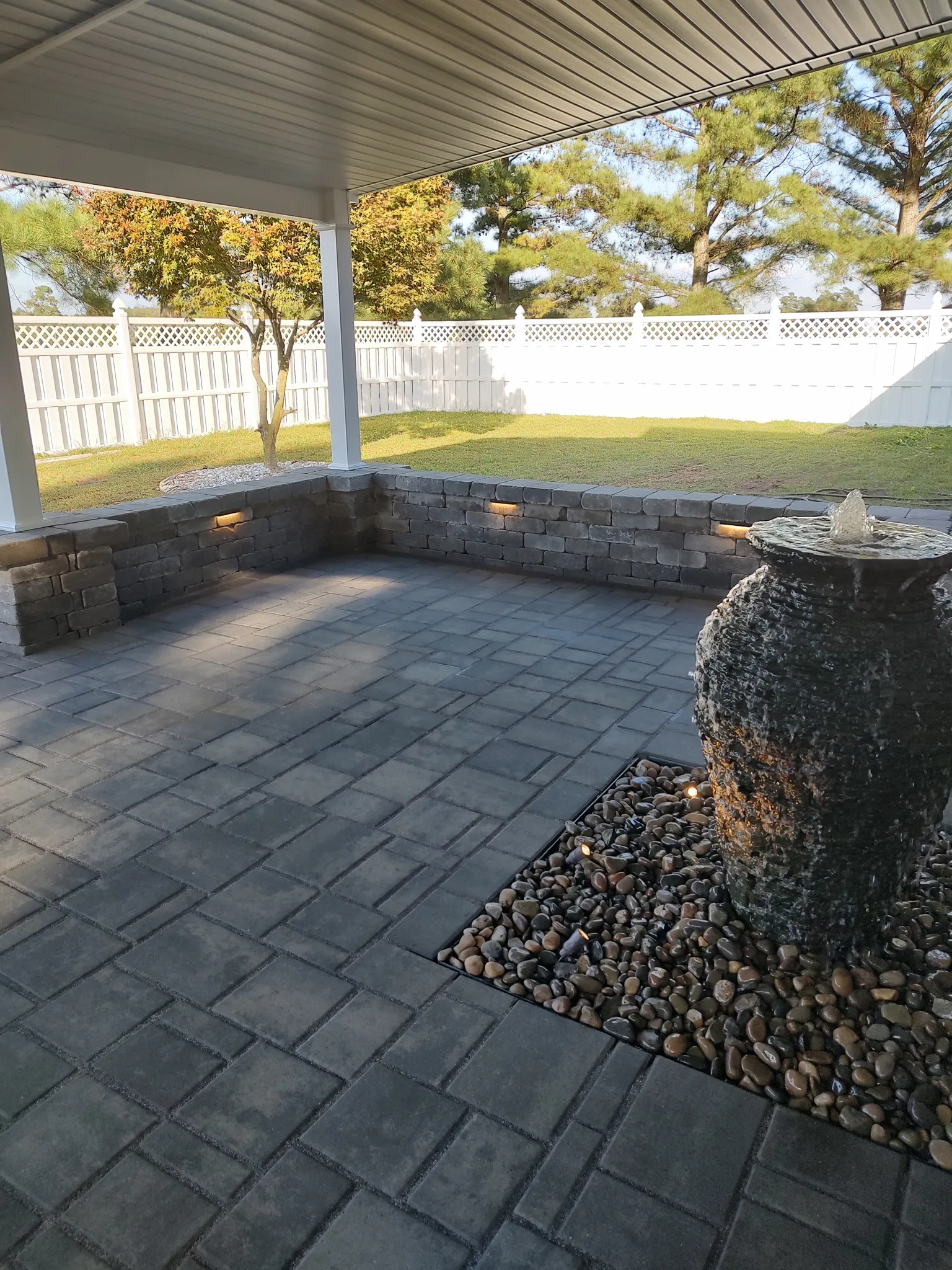Covered patio with custom water feature