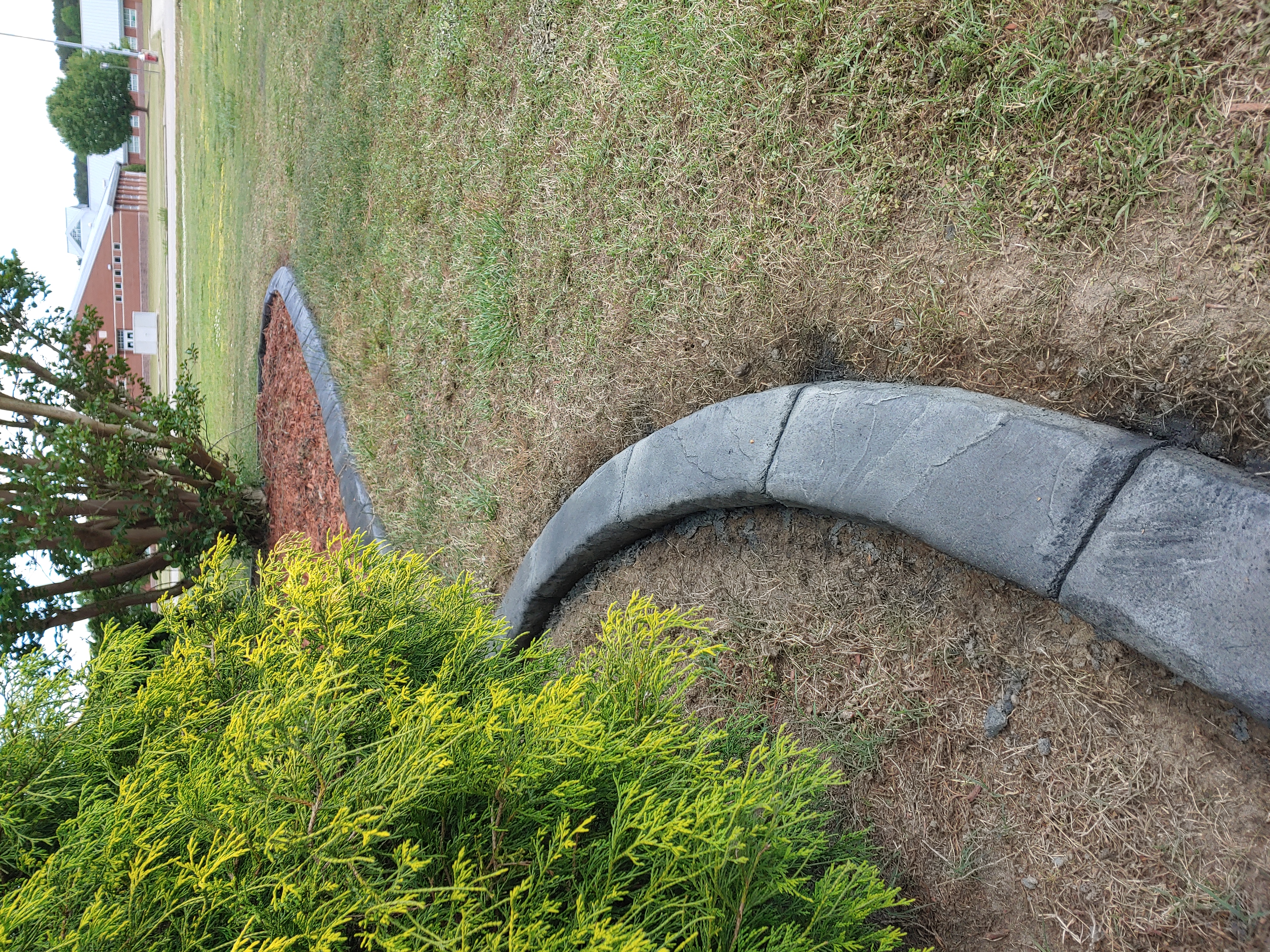 Concrete landscape curbing installed around a residential planting bed in eastern North Carolina