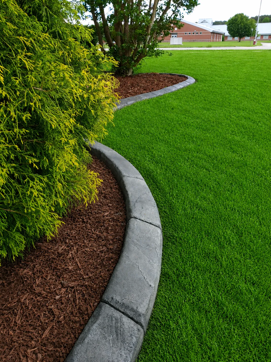 Concrete landscape curbing installed around a residential planting bed in eastern North Carolina